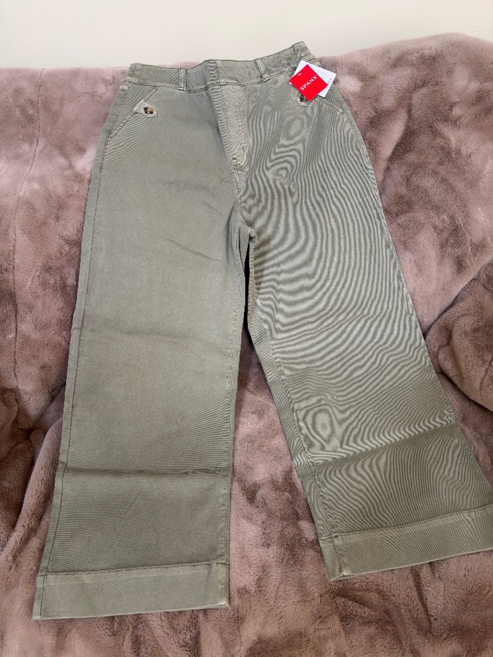 Spanx Stretch Twill Cropped Wide Leg Pants Olive Oil Size L NWT